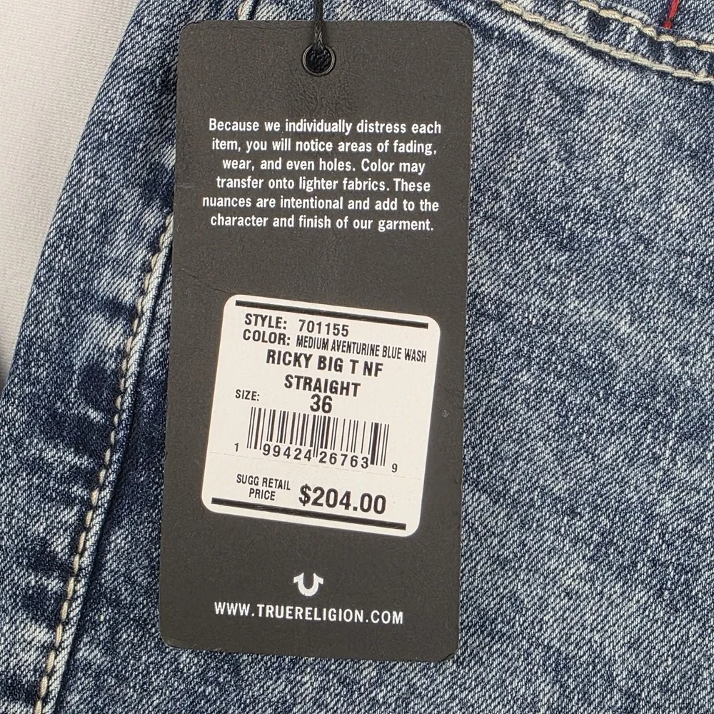 True Religion Jeans Mens 36 Ricky Big T Relaxed Straight Medium Aventurine Blue